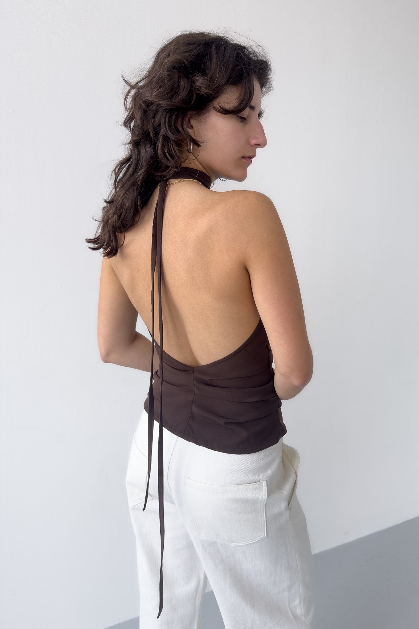 Draped Backless Halter Top - Chocolate
