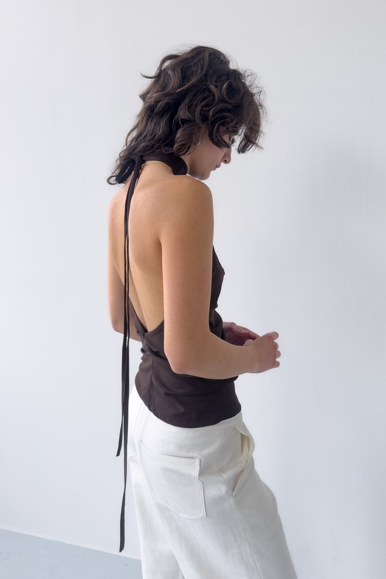 Draped Backless Halter Top - Chocolate