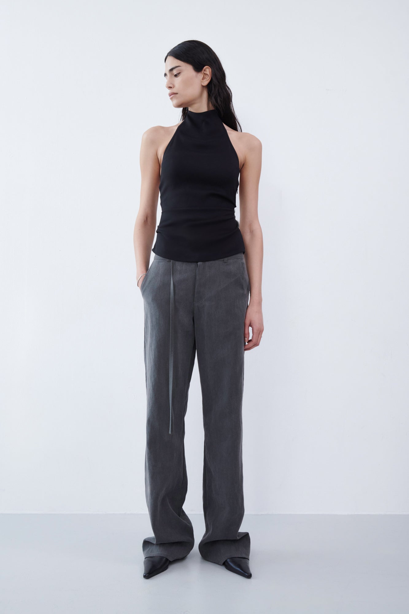 Draped Backless Halter Top - Black