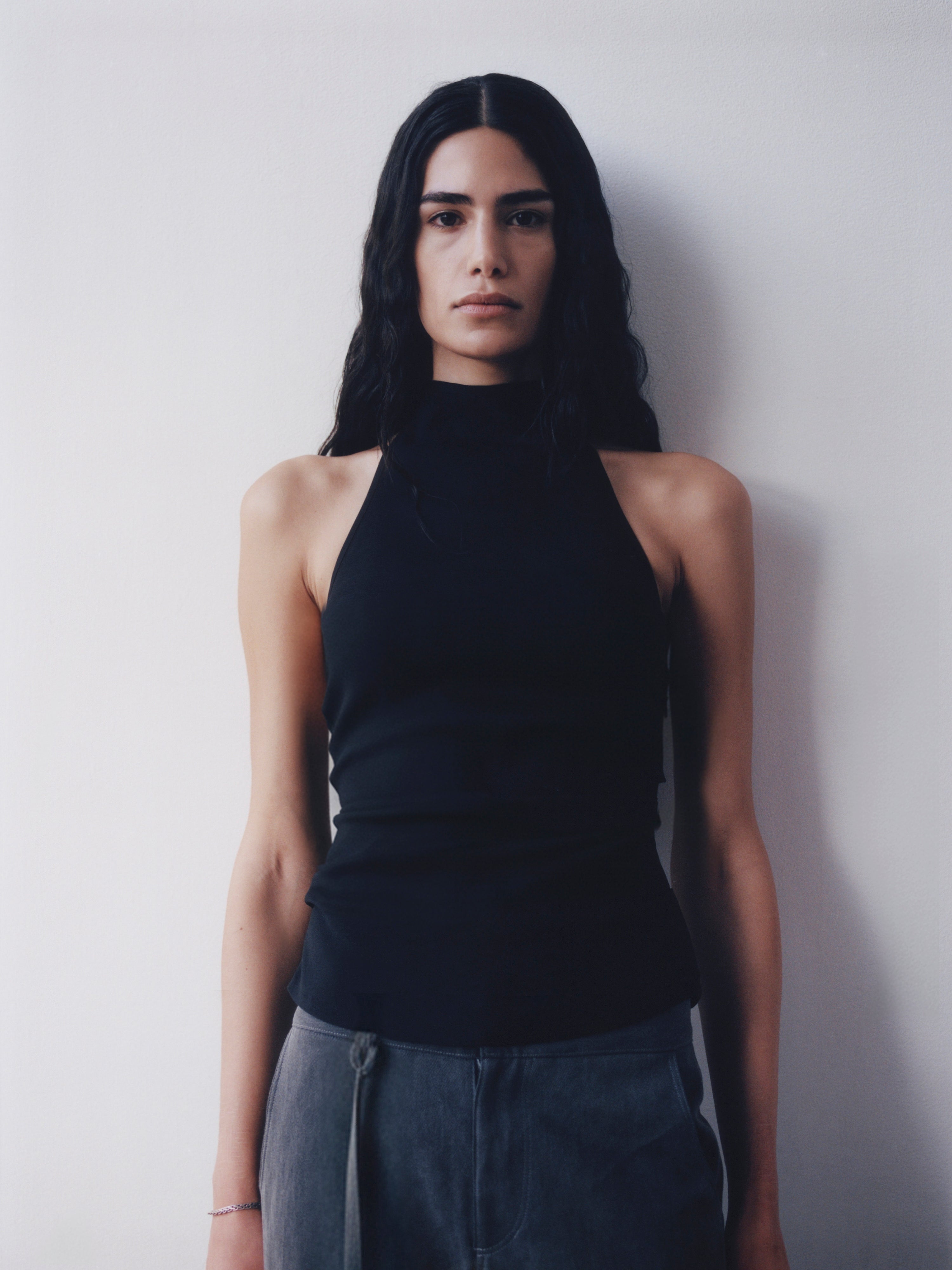 Draped Backless Halter Top - Black