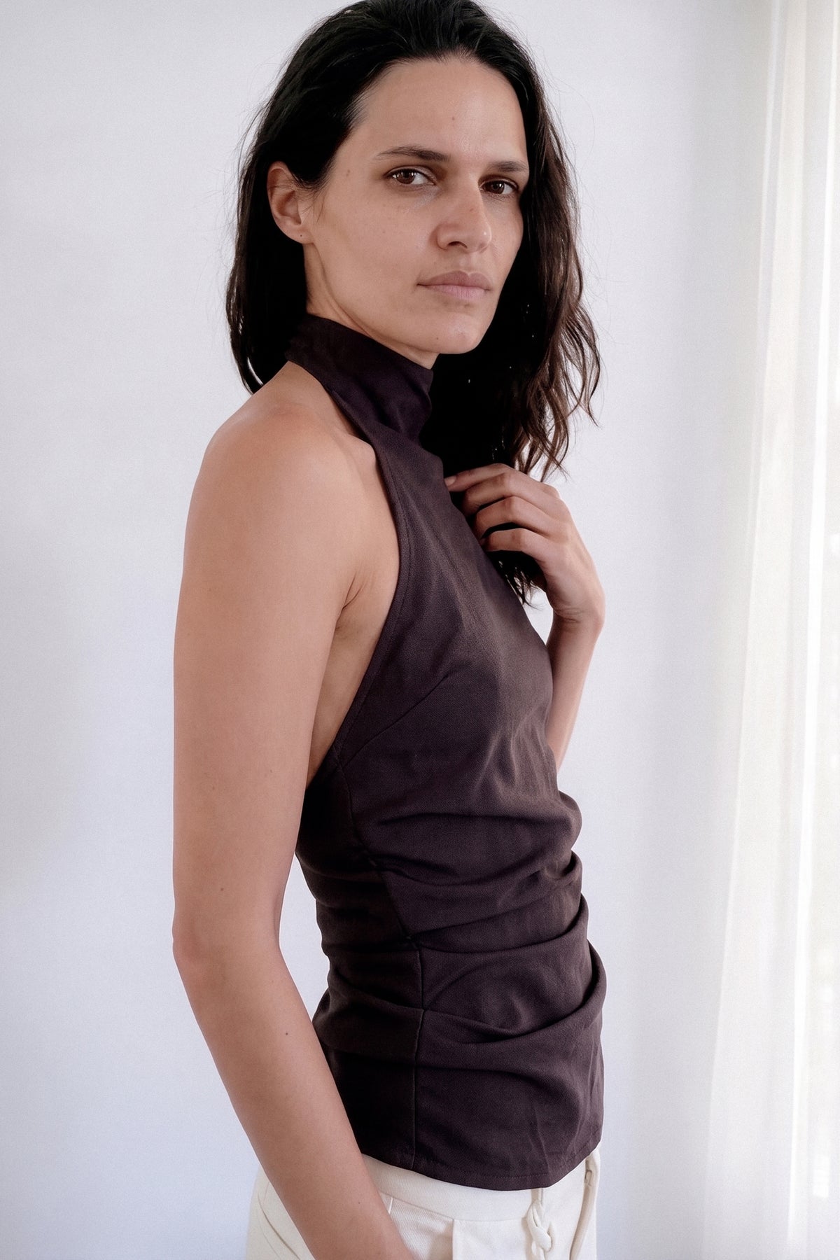 Draped Backless Halter Top - Dark Chocolate