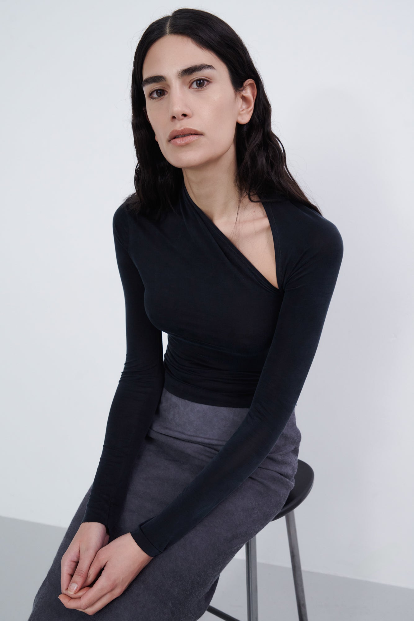 Asymmetric Draped Long Sleeve Top - midnight