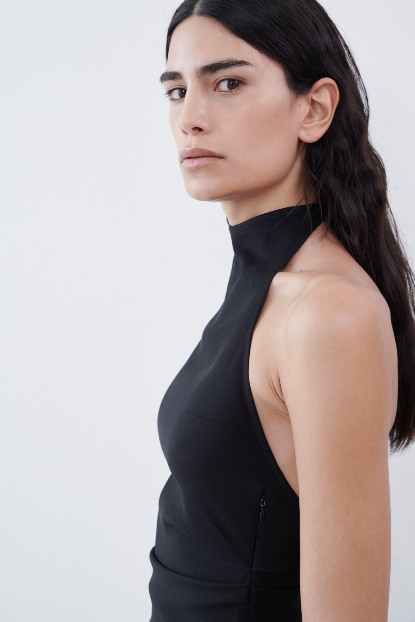 Draped Backless Halter Top - Black
