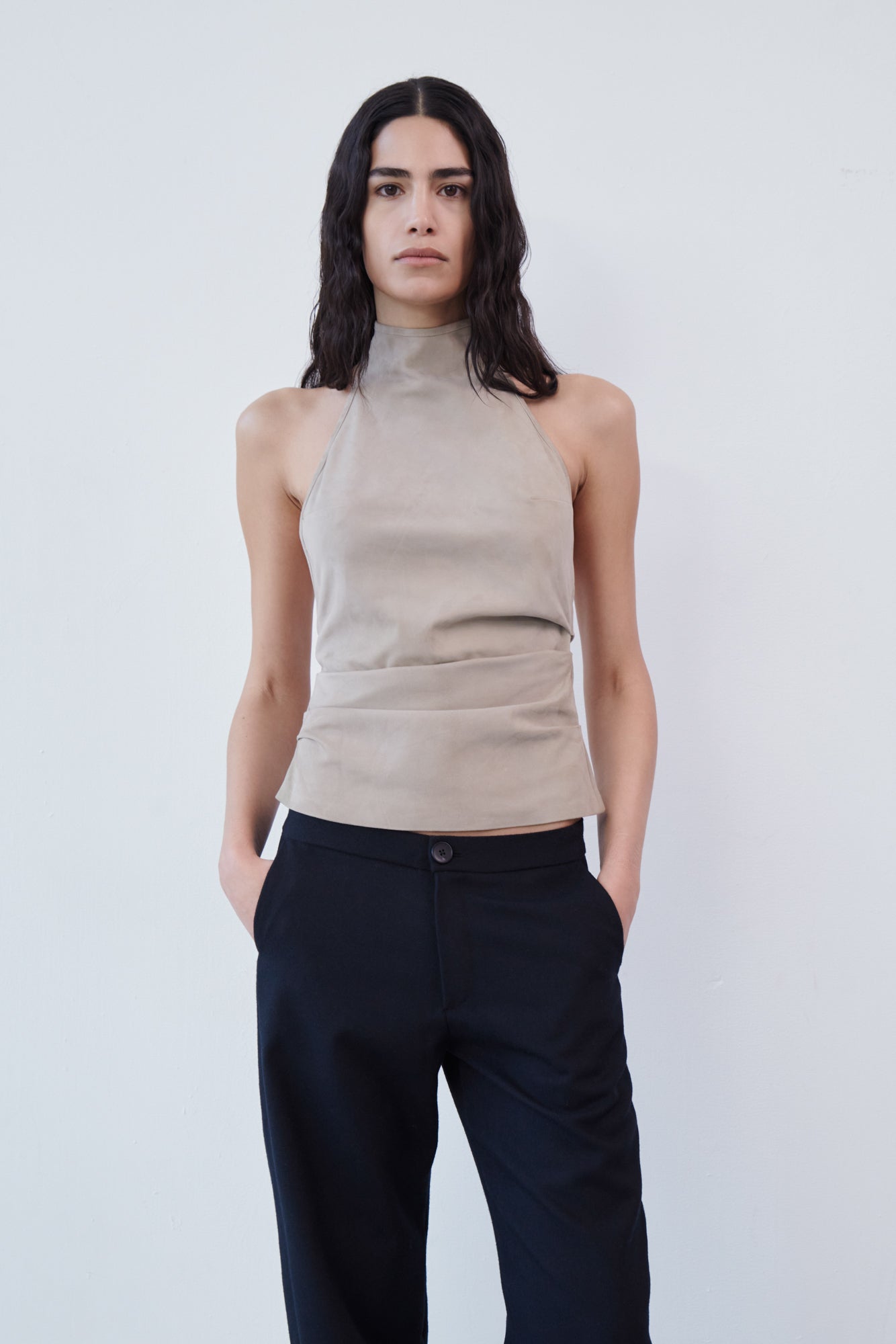 Draped Suede Halter Top - Clay