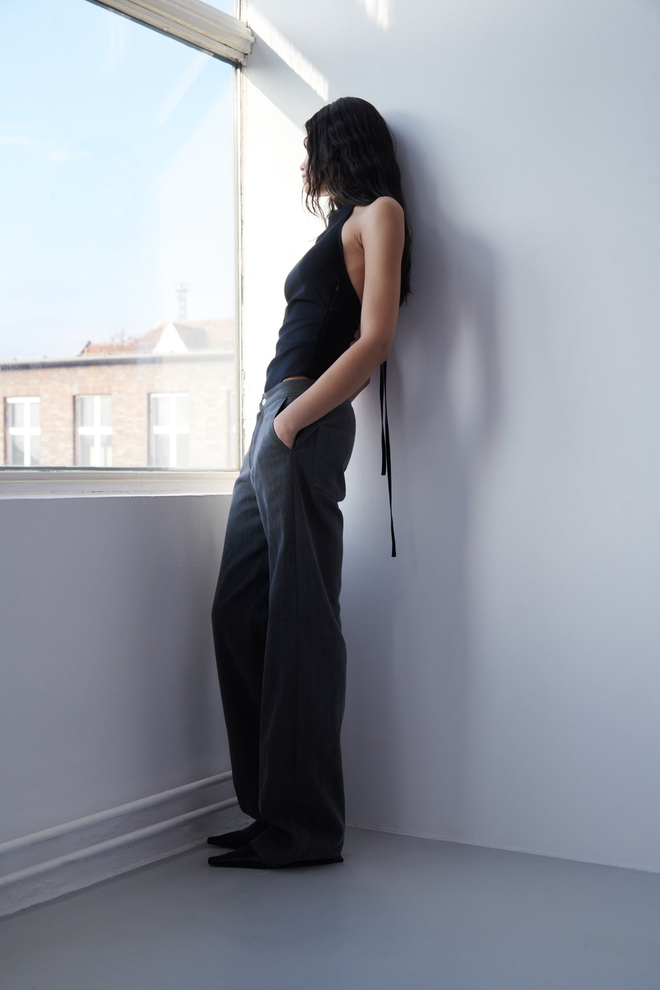 Draped Backless Halter Top - Black
