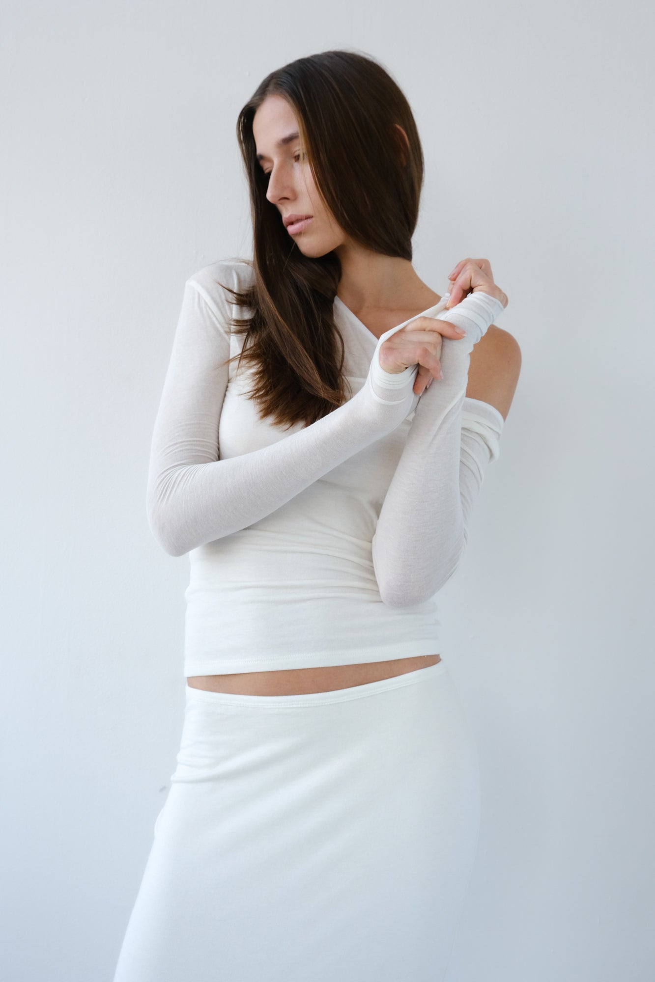 Asymmetric V-Neck Long Sleeve Top - Off White