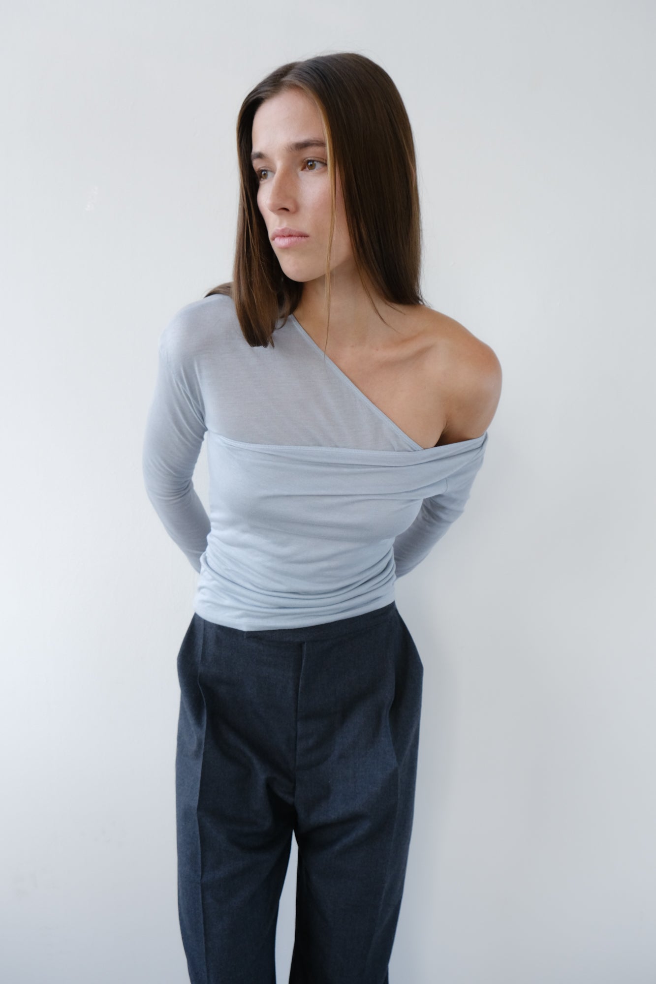 Asymmetric V-Neck Long Sleeve Top - Slate