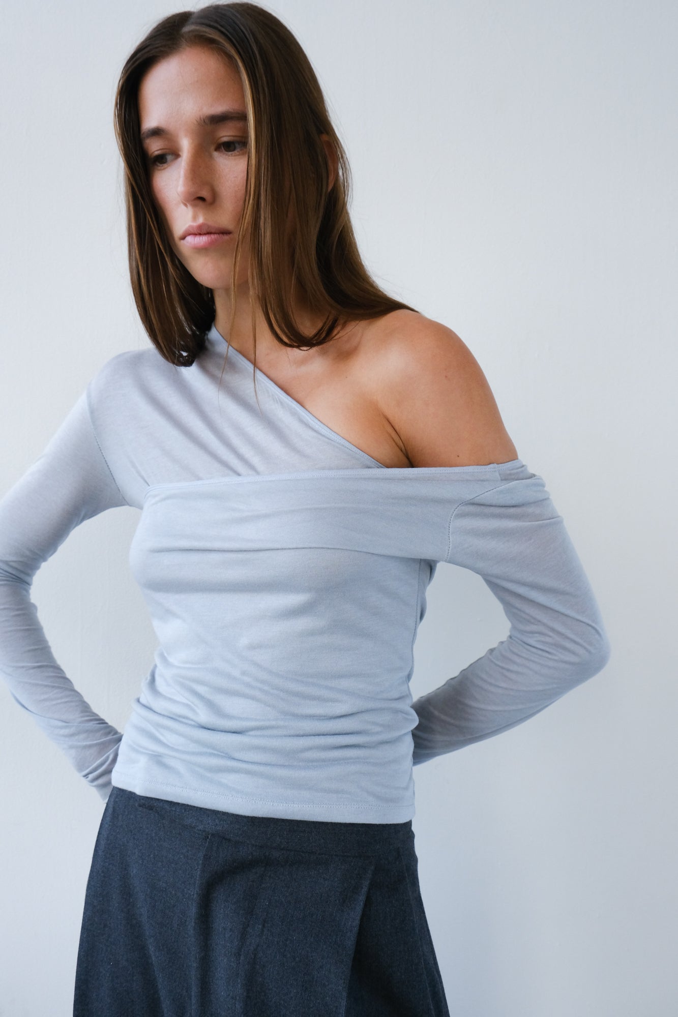 Asymmetric V-Neck Long Sleeve Top - Slate