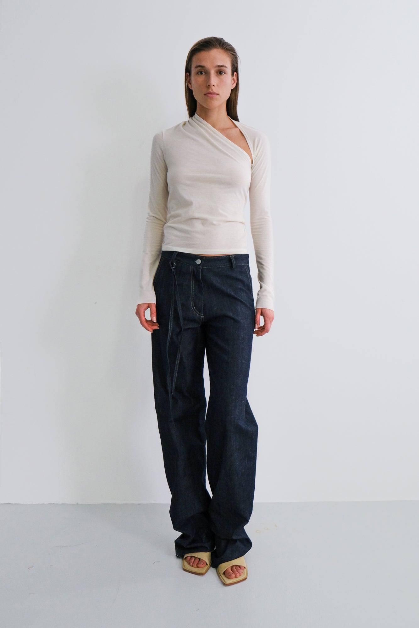 Asymmetric Draped Long Sleeve Top - cream white