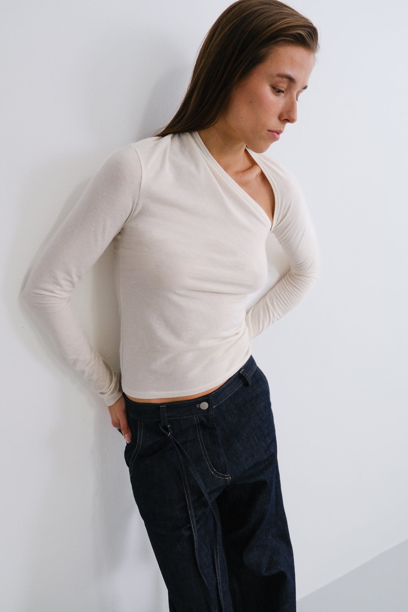 Asymmetric Draped Long Sleeve Top - cream white