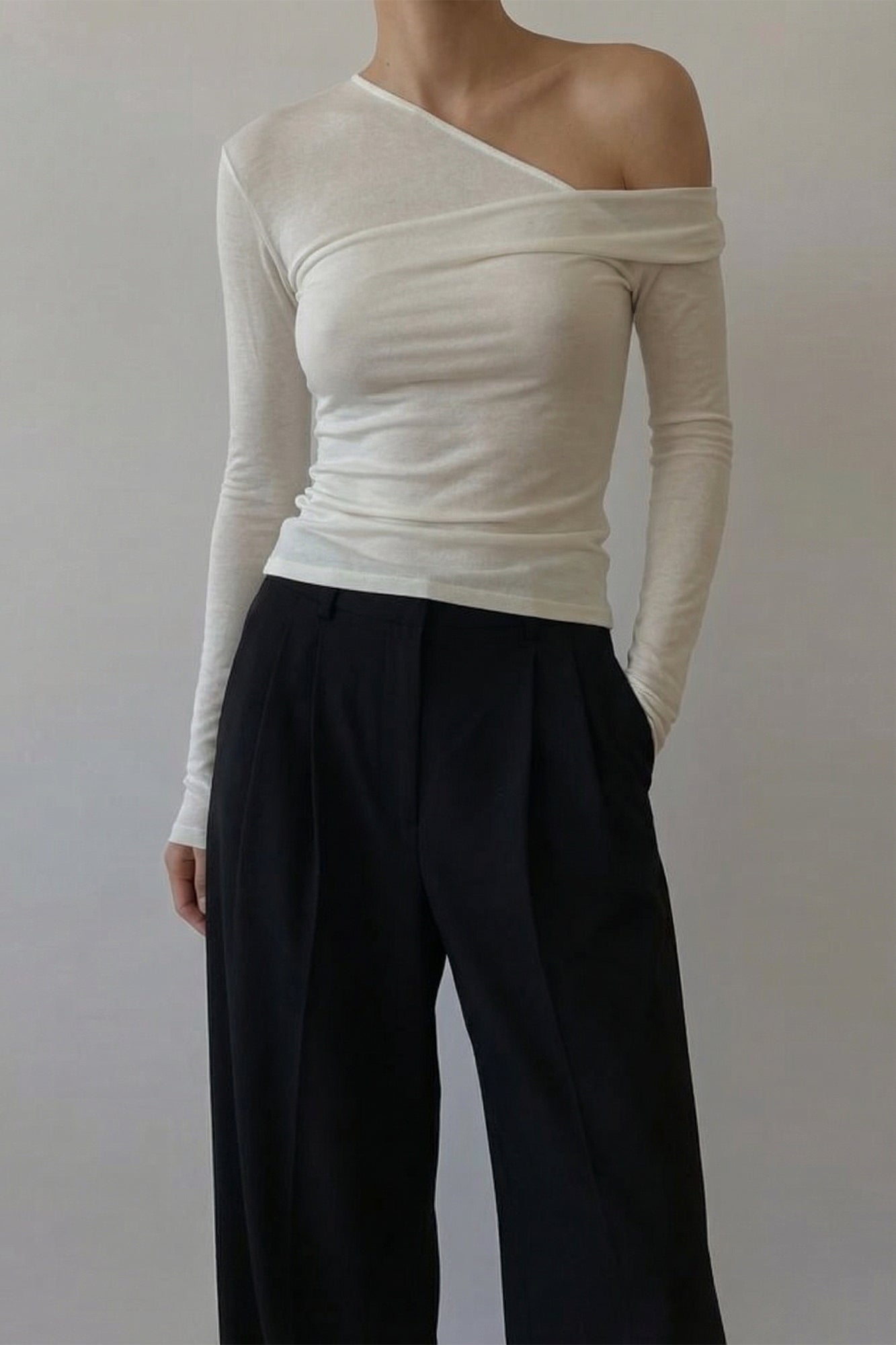 Asymmetric V-Neck Long Sleeve Top - Off White