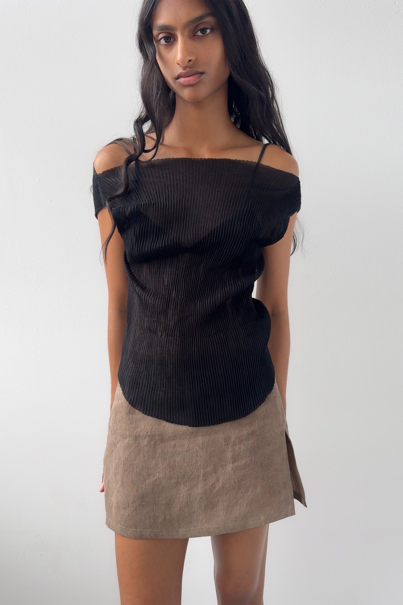 Cotton ribbon tank 黒 Cotton Plissee Tank - black