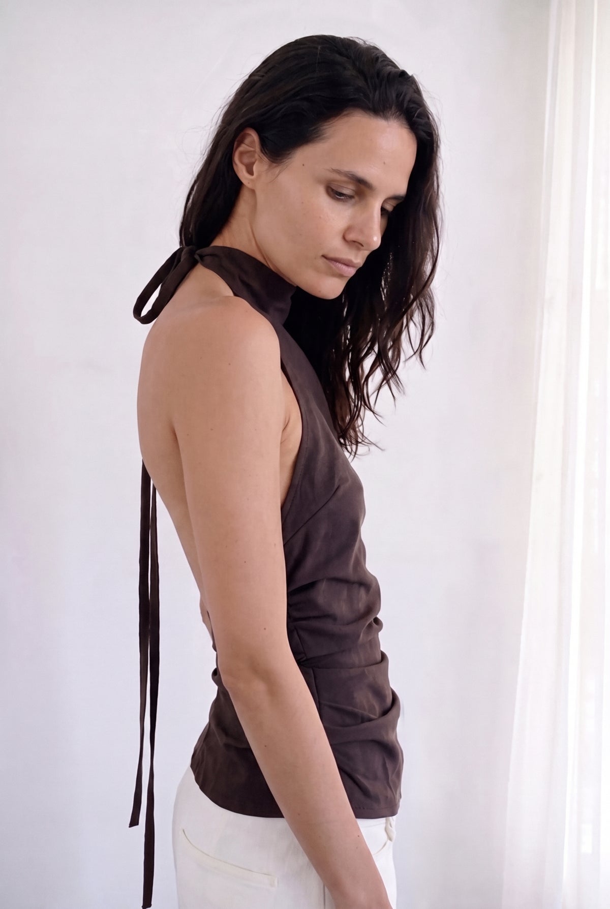Draped Backless Halter Top - Dark Chocolate