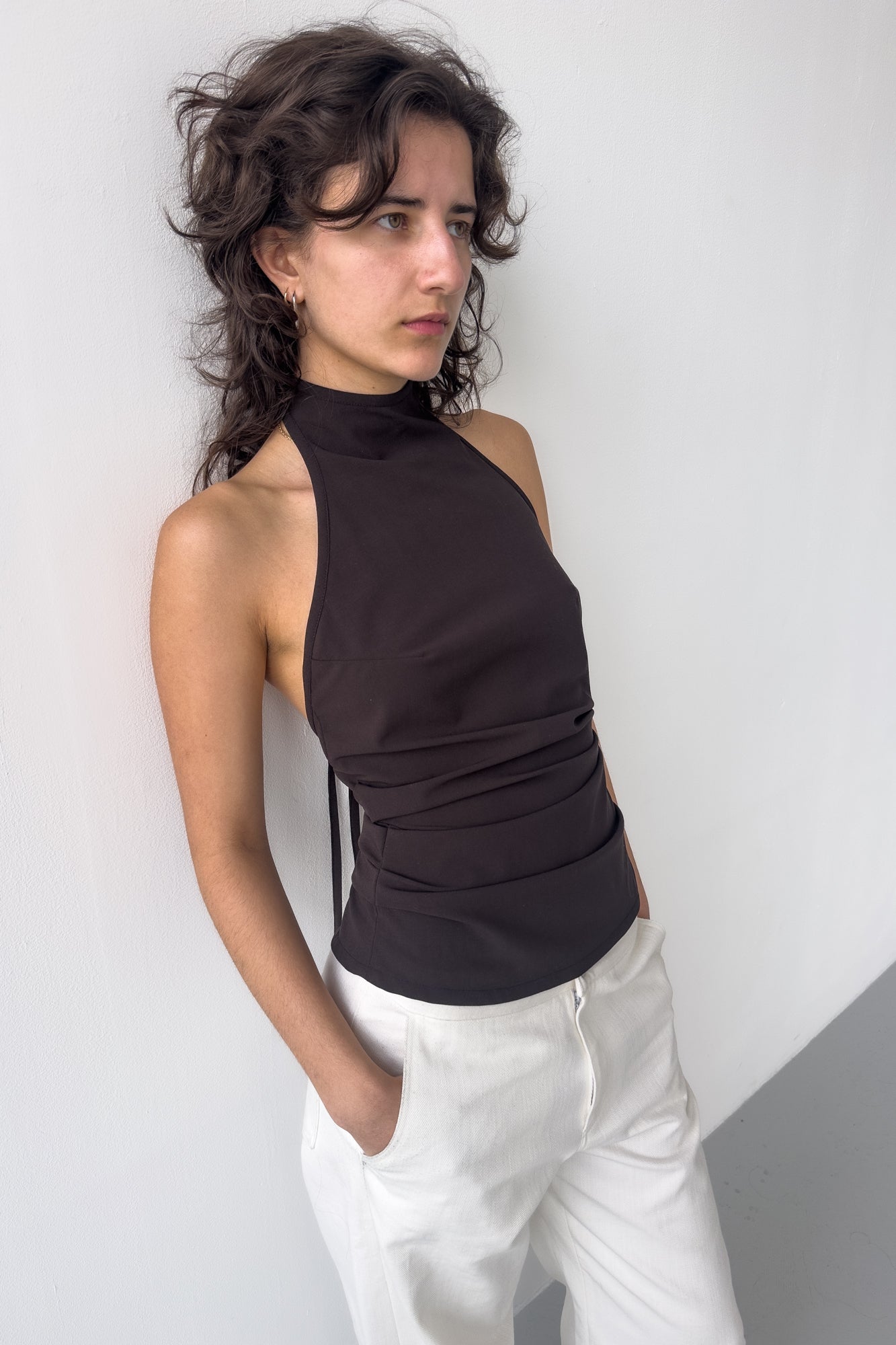 Draped Backless Halter Top - Chocolate