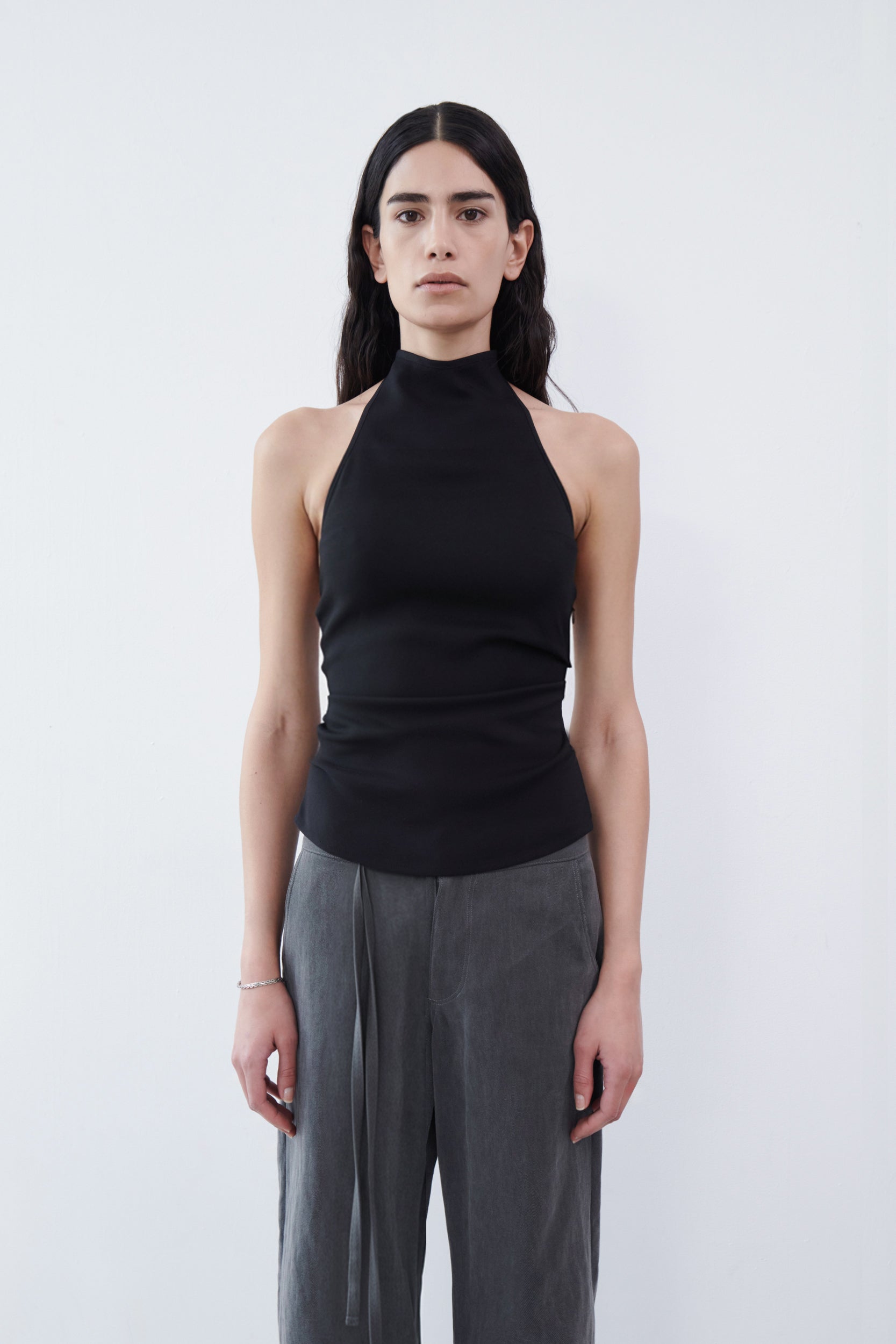 Draped Backless Halter Top - Black