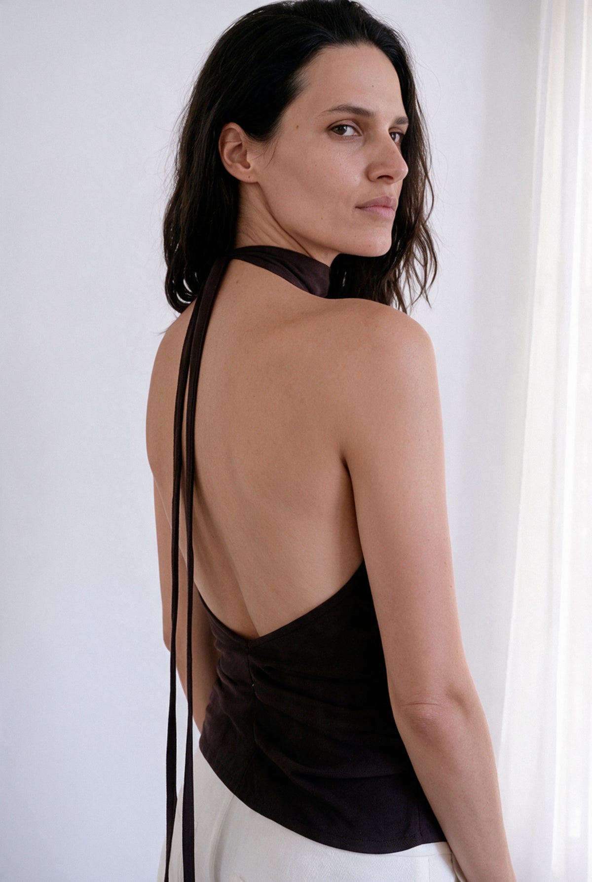 Draped Backless Halter Top - Dark Chocolate
