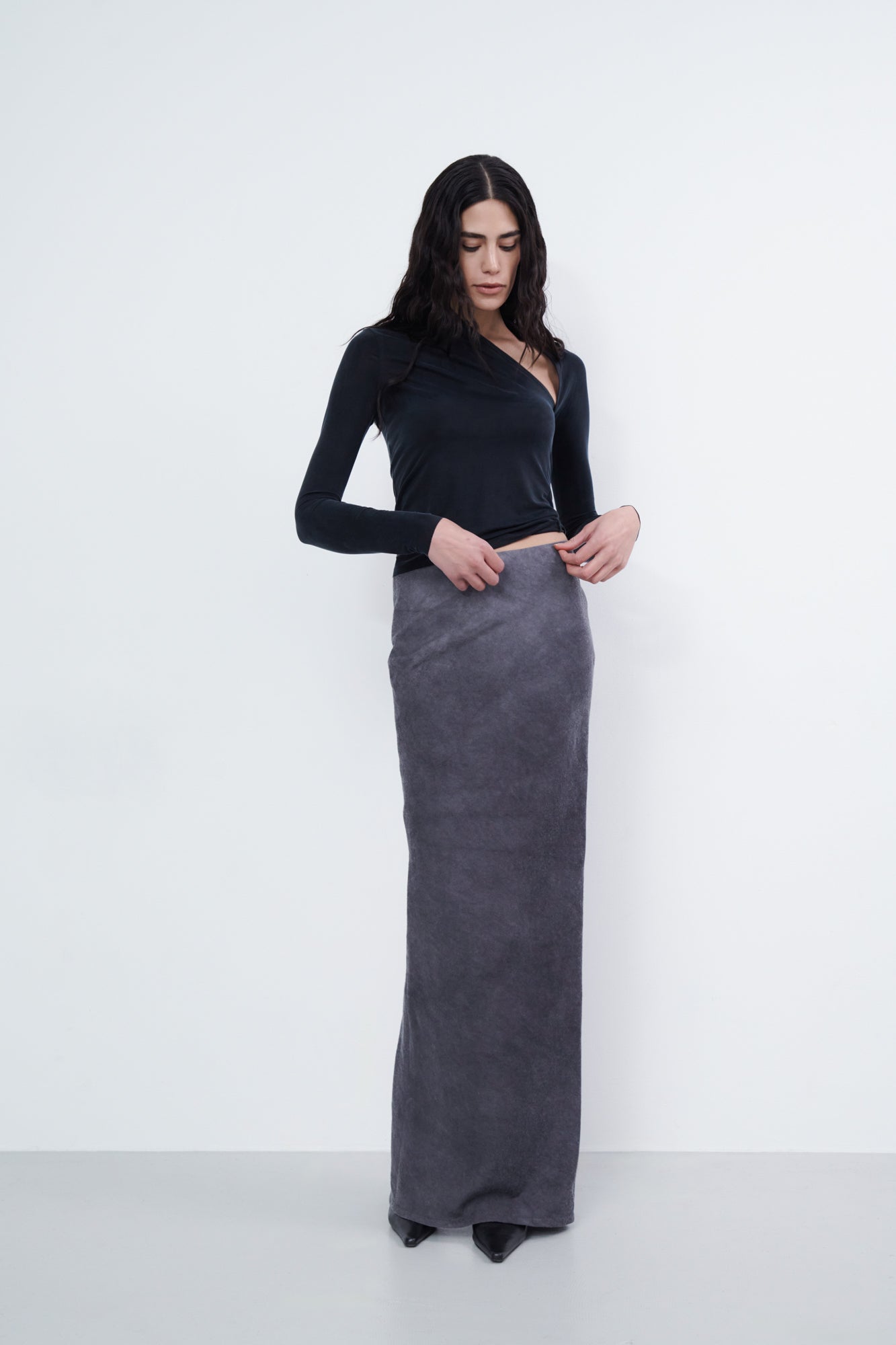 Asymmetric Draped Long Sleeve Top - midnight