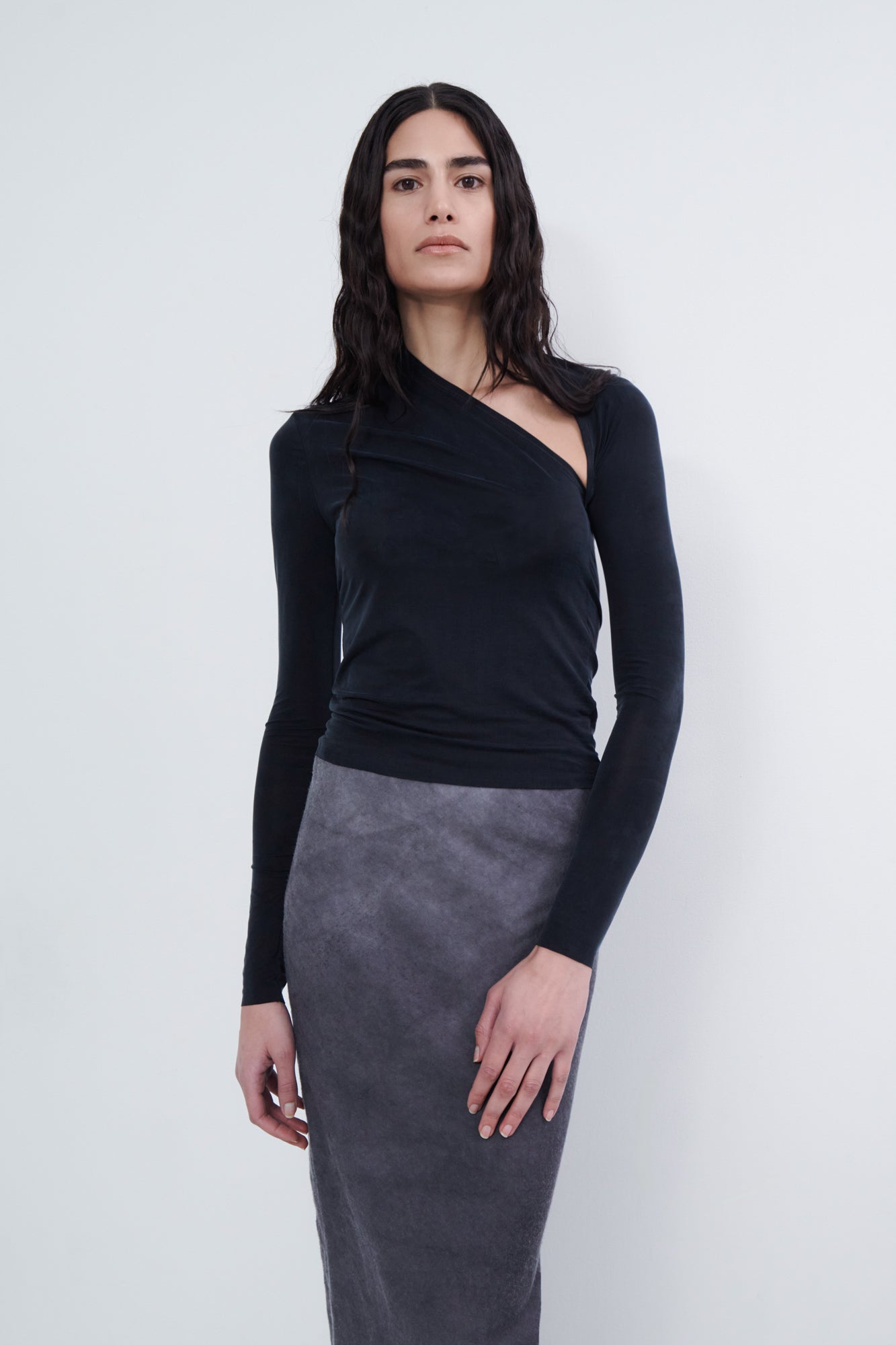 Asymmetric Draped Long Sleeve Top - midnight