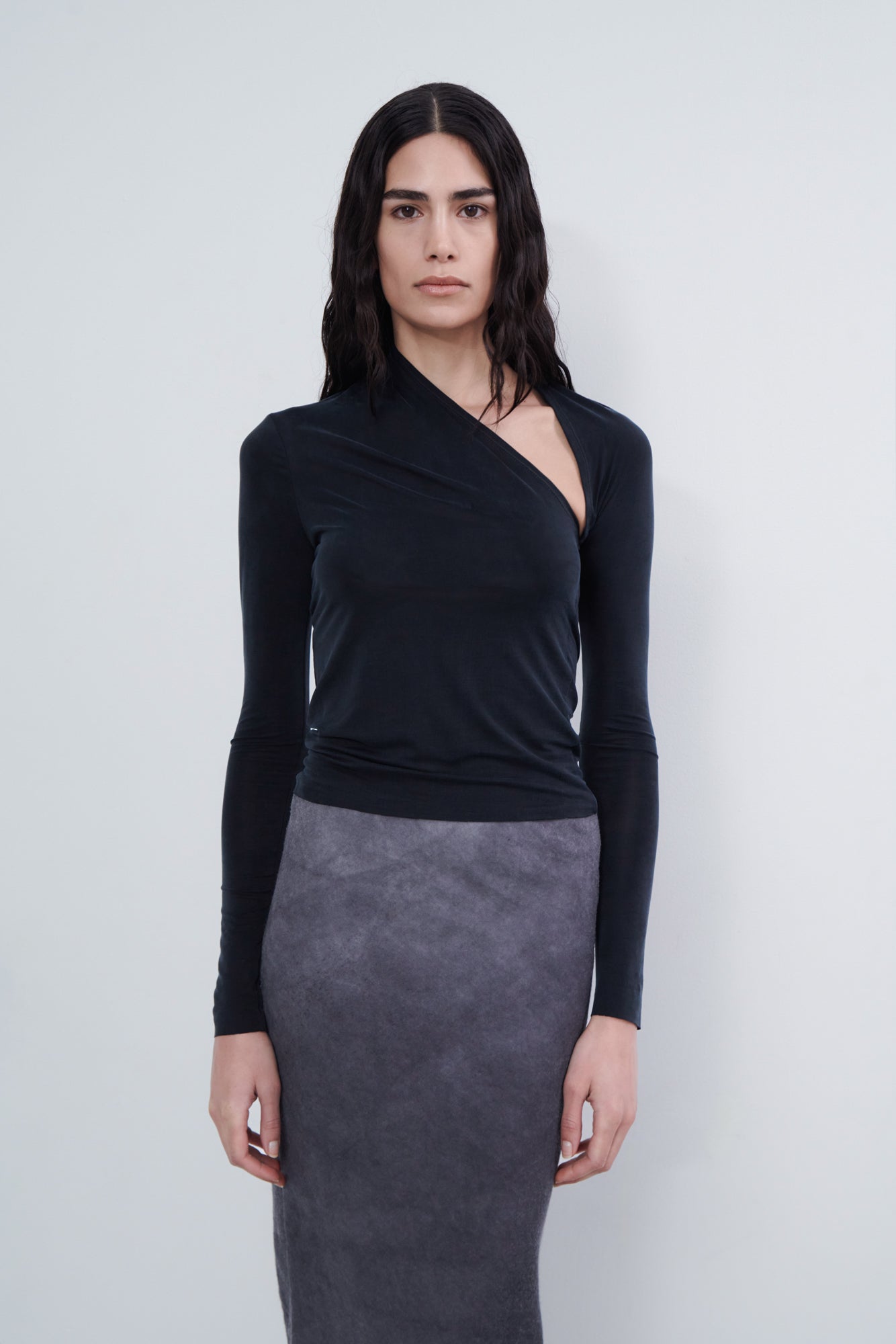 Asymmetric Draped Long Sleeve Top - midnight
