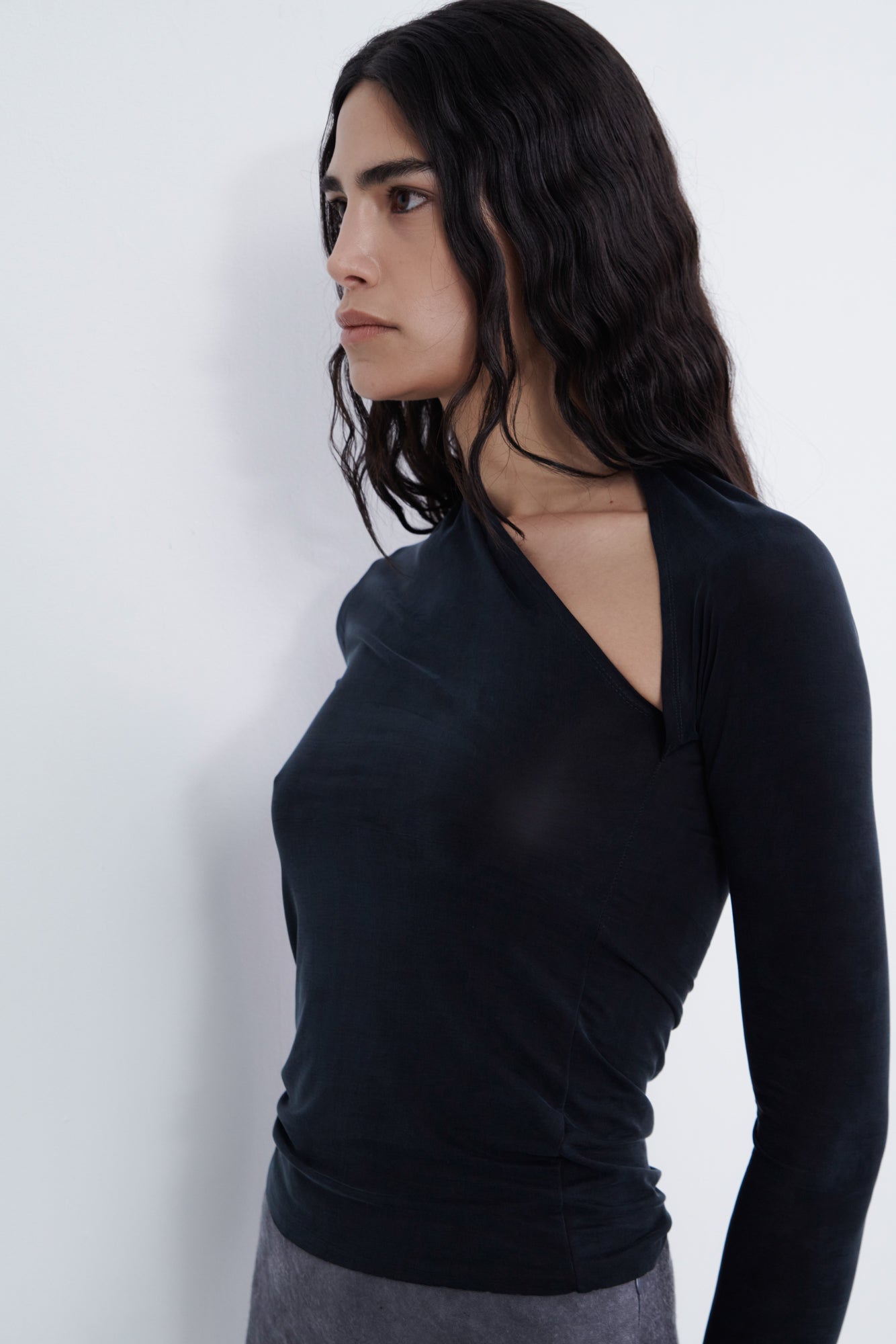 Asymmetric Draped Long Sleeve Top - midnight