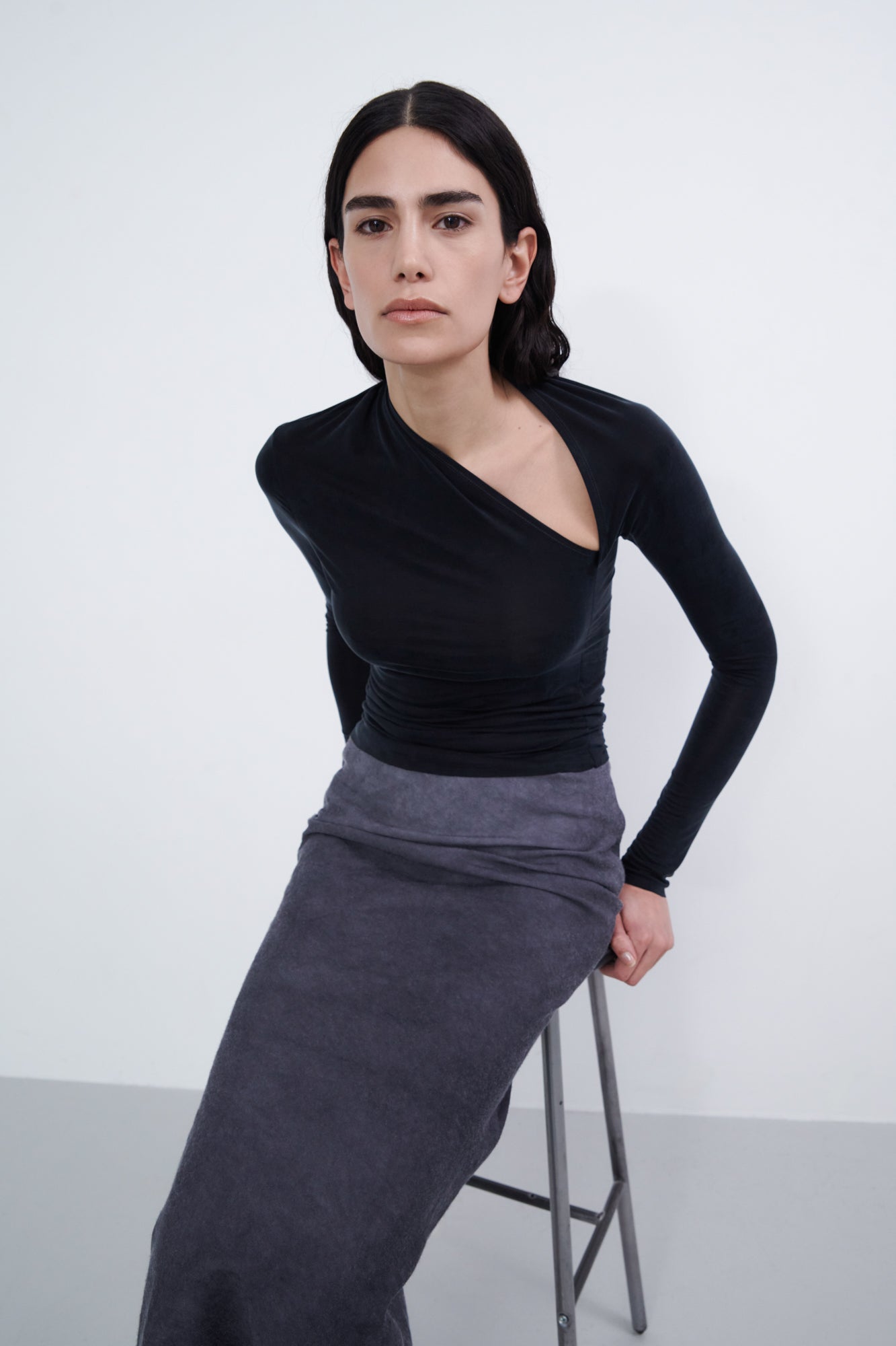 Asymmetric Draped Long Sleeve Top - midnight
