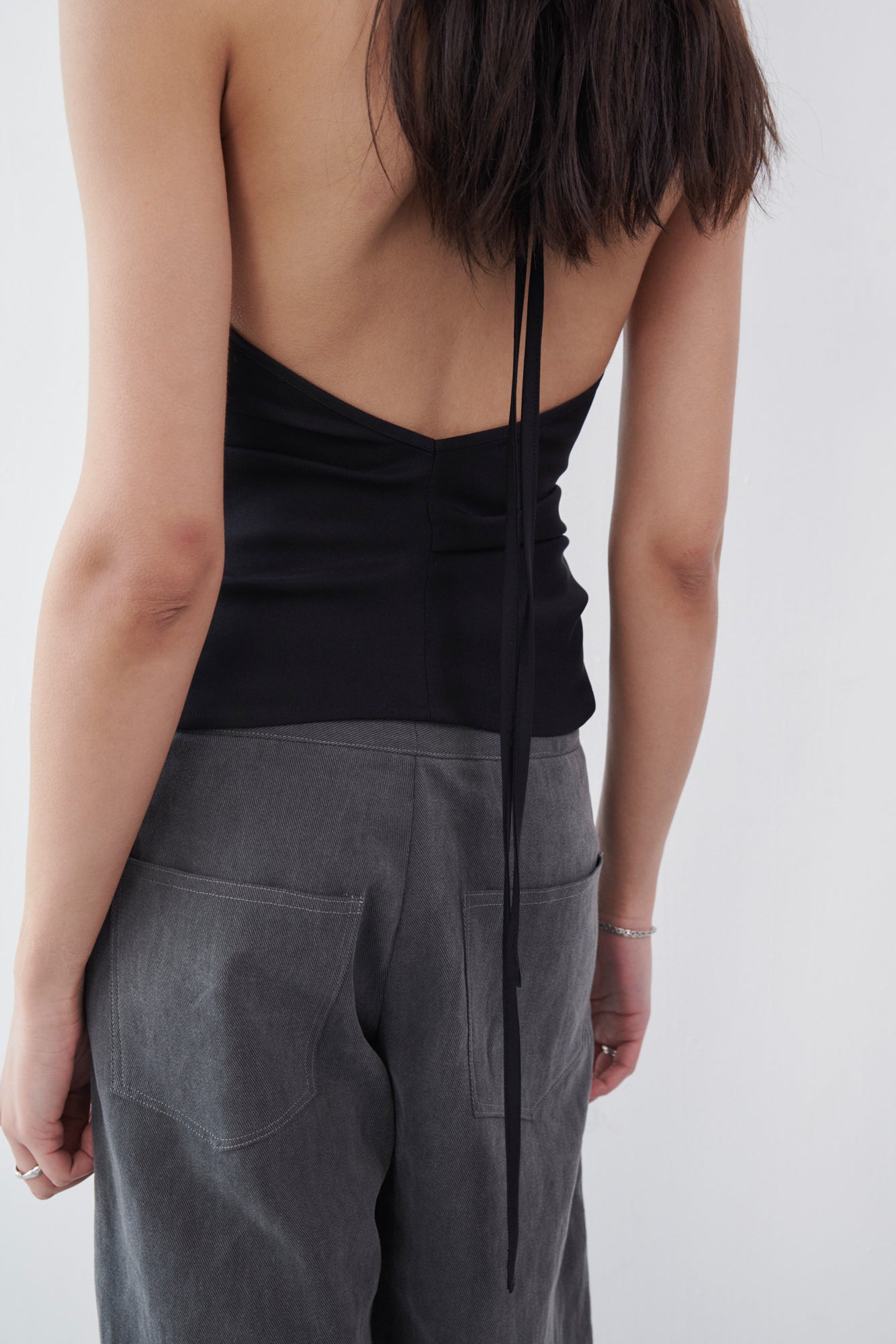 Draped Backless Halter Top - Black