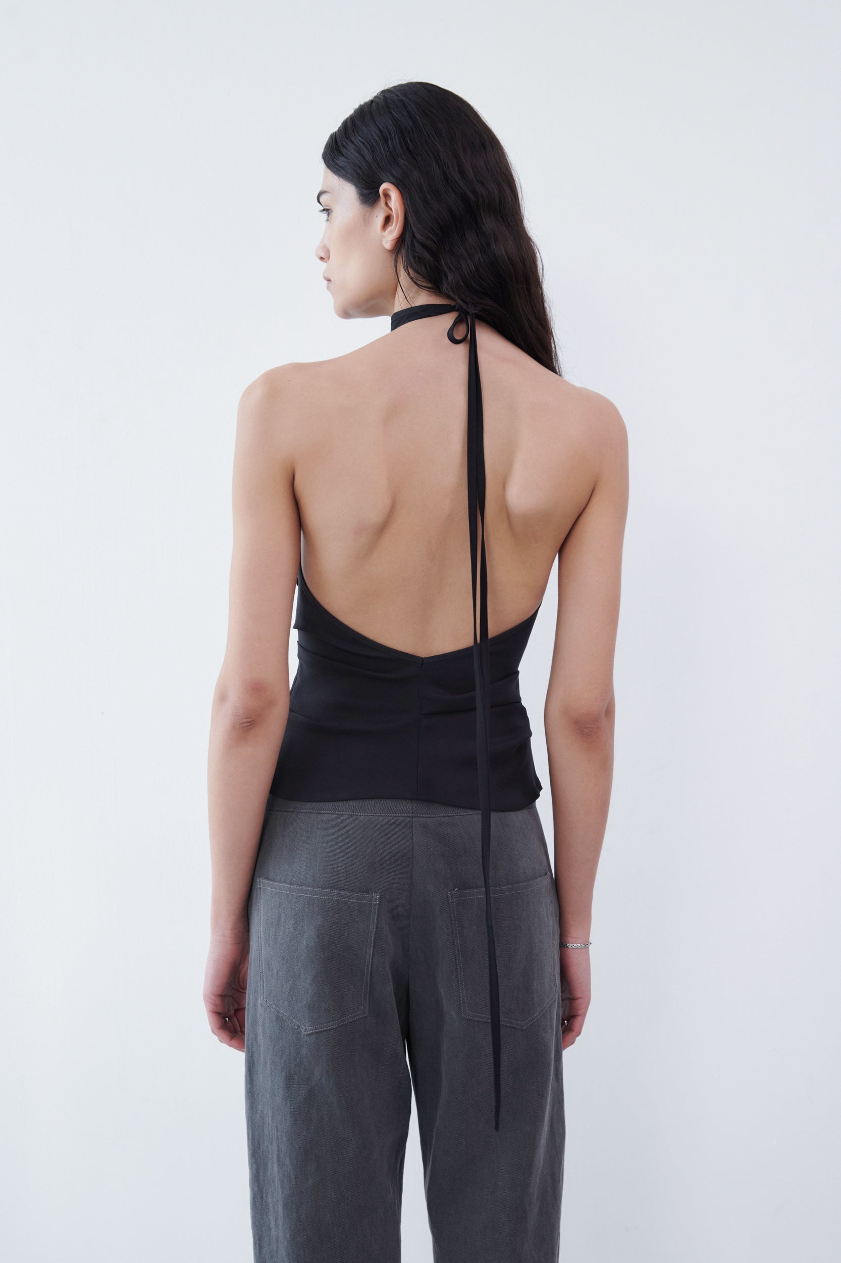 Draped Backless Halter Top - Black