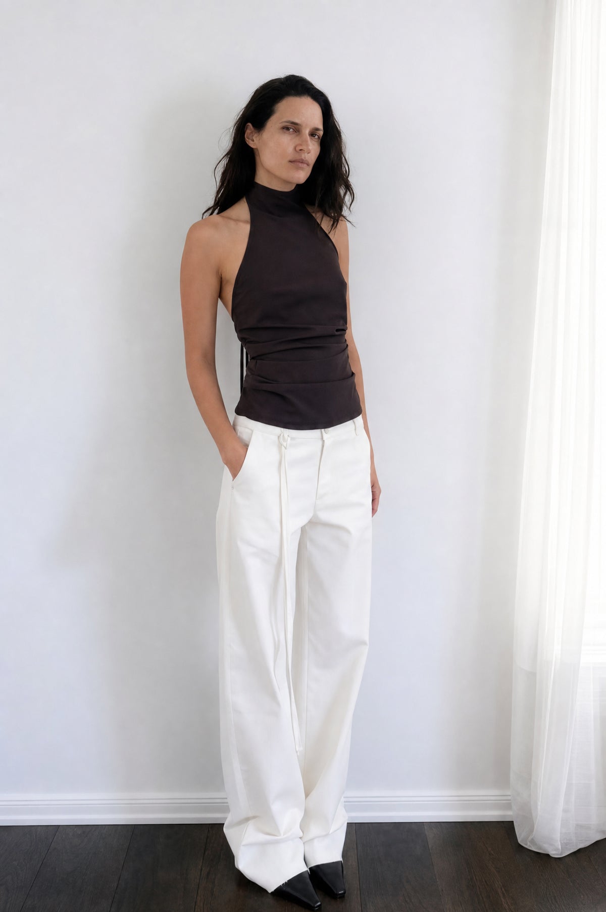 Draped Backless Halter Top - Dark Chocolate