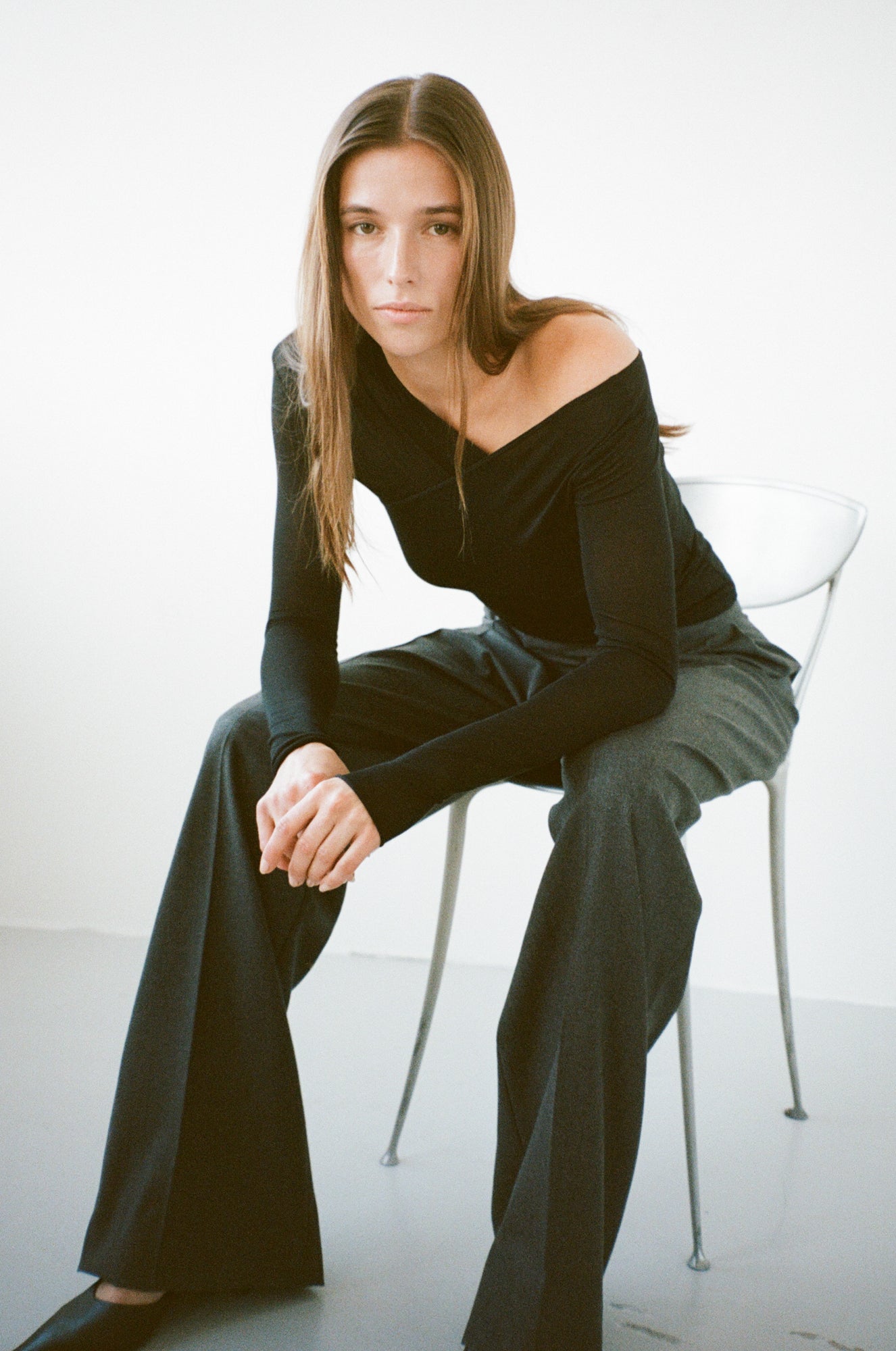 Asymmetric V-Neck Long Sleeve Top - Black