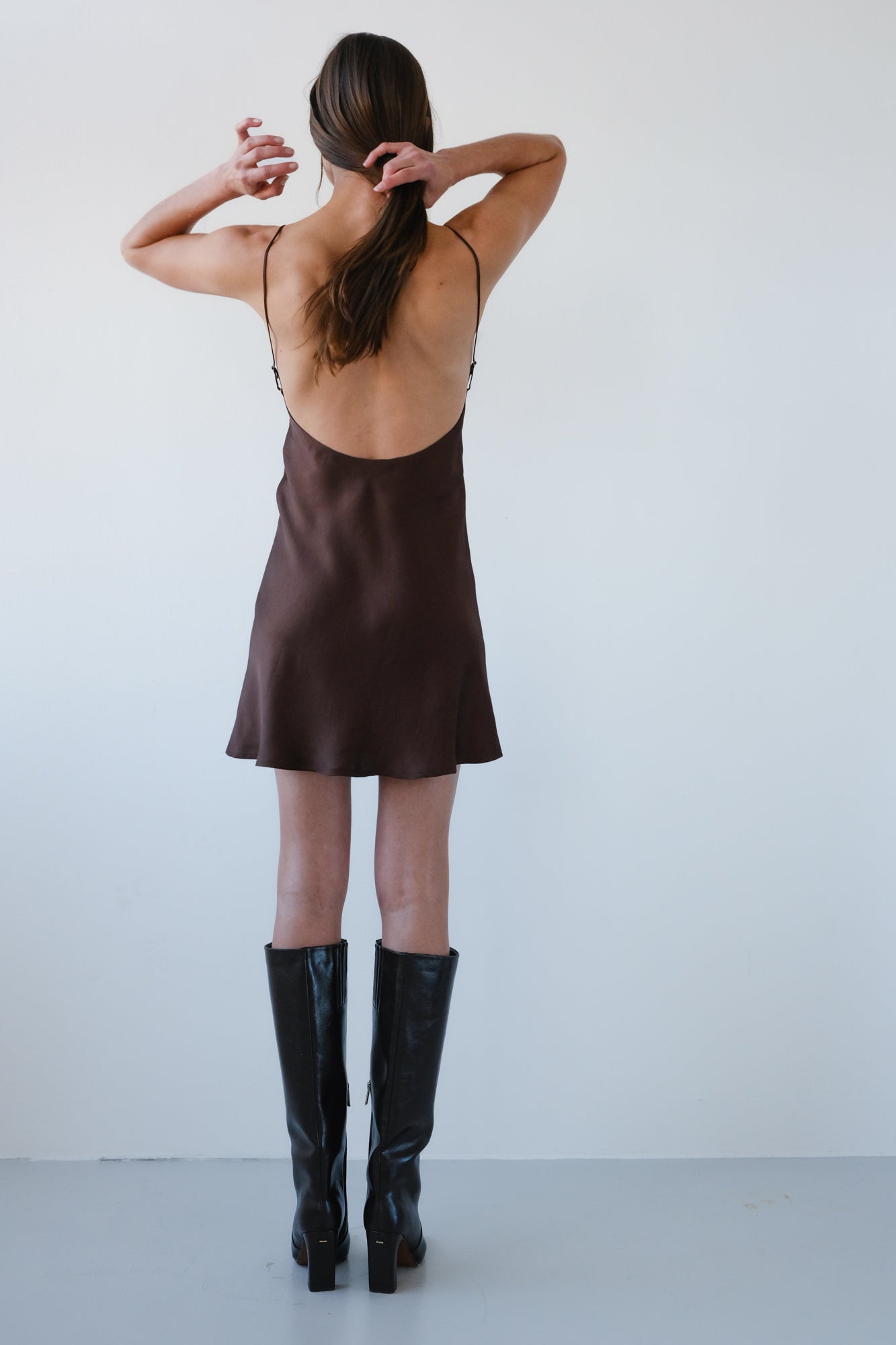 Backless Short Slip Dress - walnut