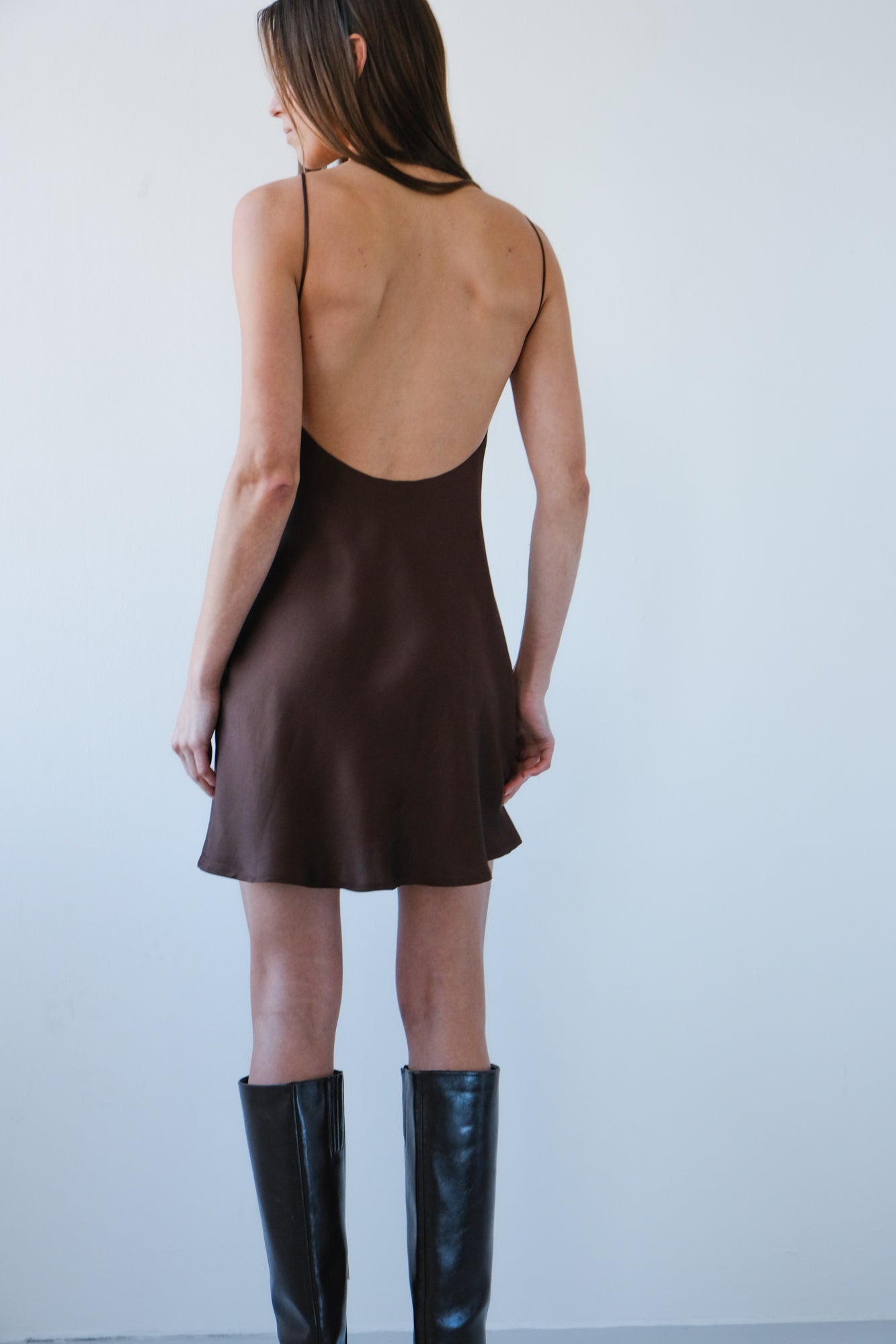 Backless Short Slip Dress - walnut