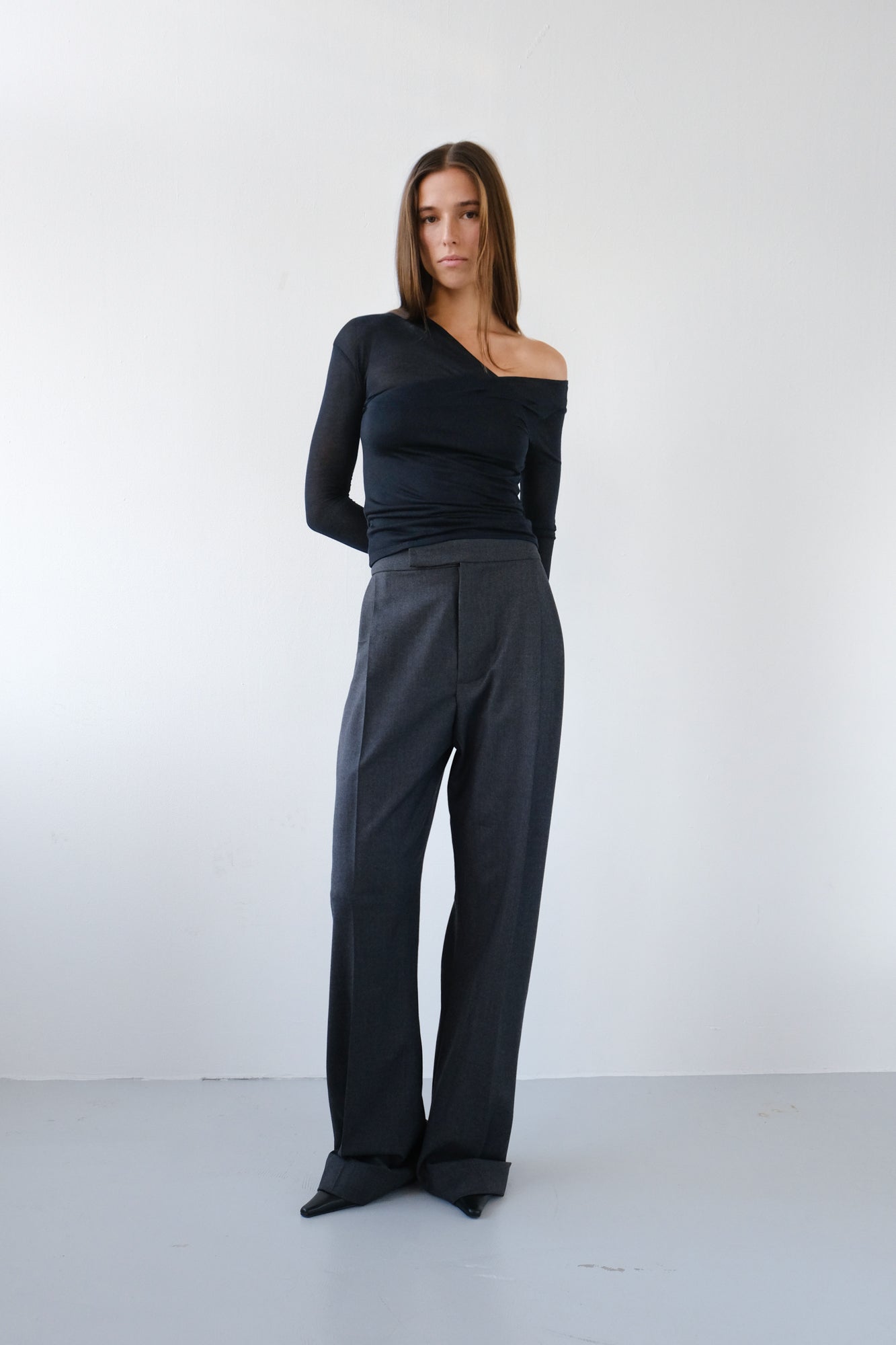 Asymmetric V-Neck Long Sleeve Top - Black