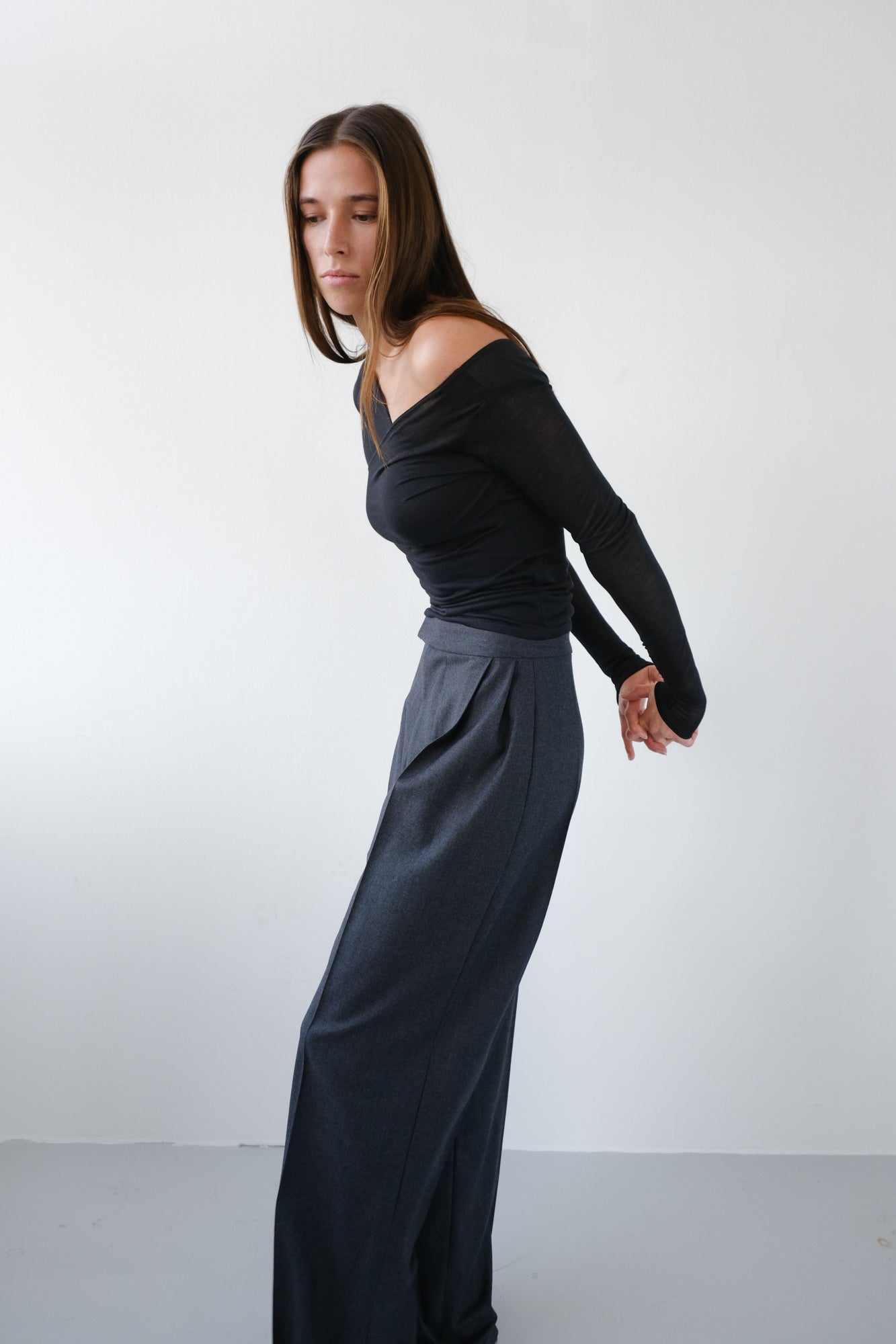 Asymmetric V-Neck Long Sleeve Top - Black