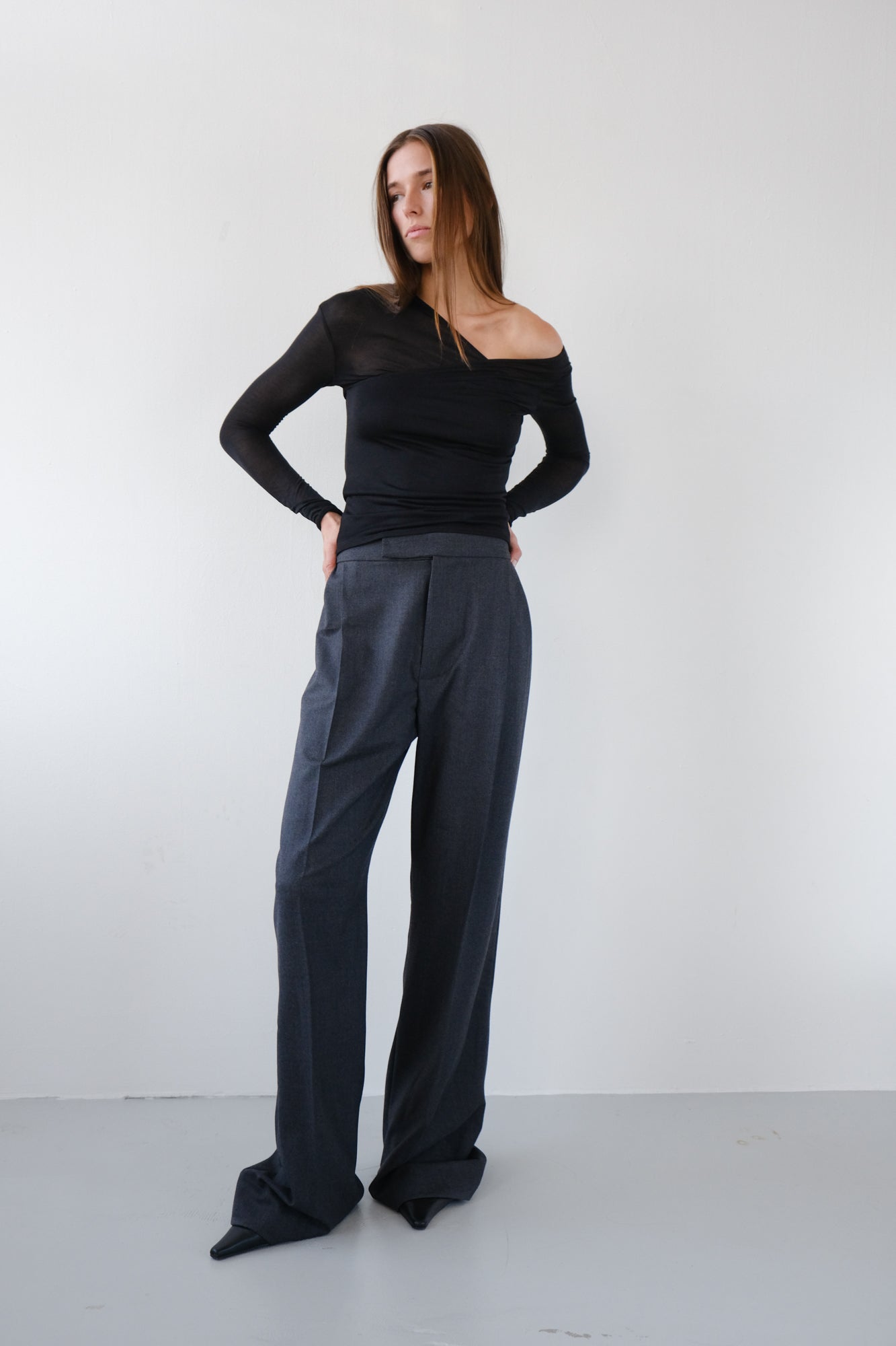 Asymmetric V-Neck Long Sleeve Top - Black