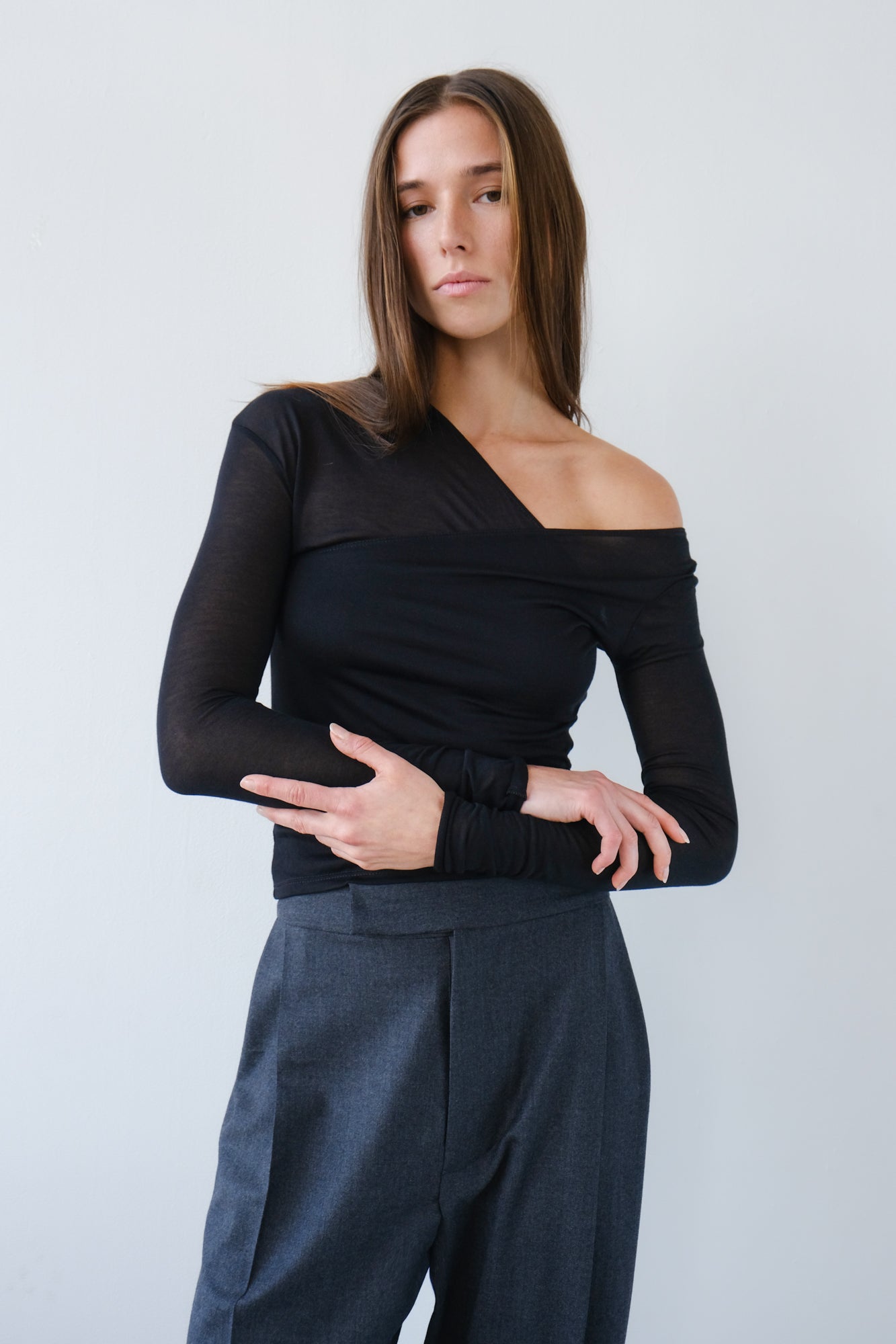 Asymmetric V-Neck Long Sleeve Top - Black