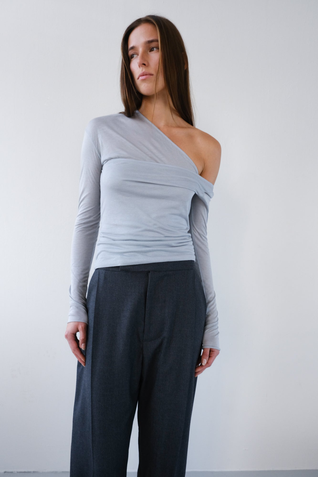 Asymmetric V-Neck Long Sleeve Top - Slate