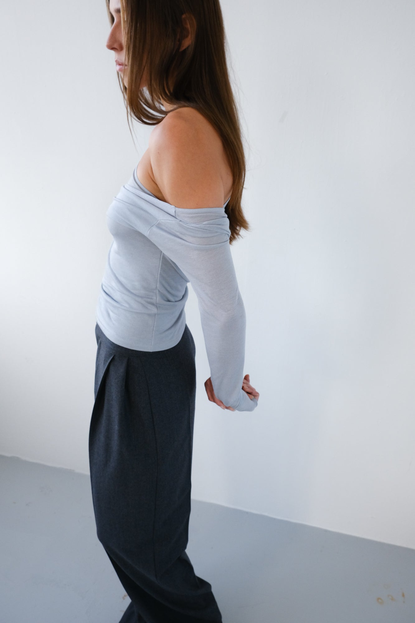 Asymmetric V-Neck Long Sleeve Top - Slate