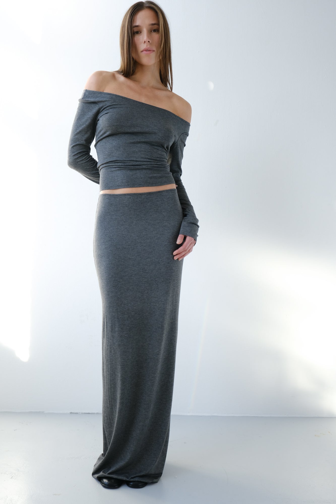 Boatneck Long Sleeve Top - grey melange