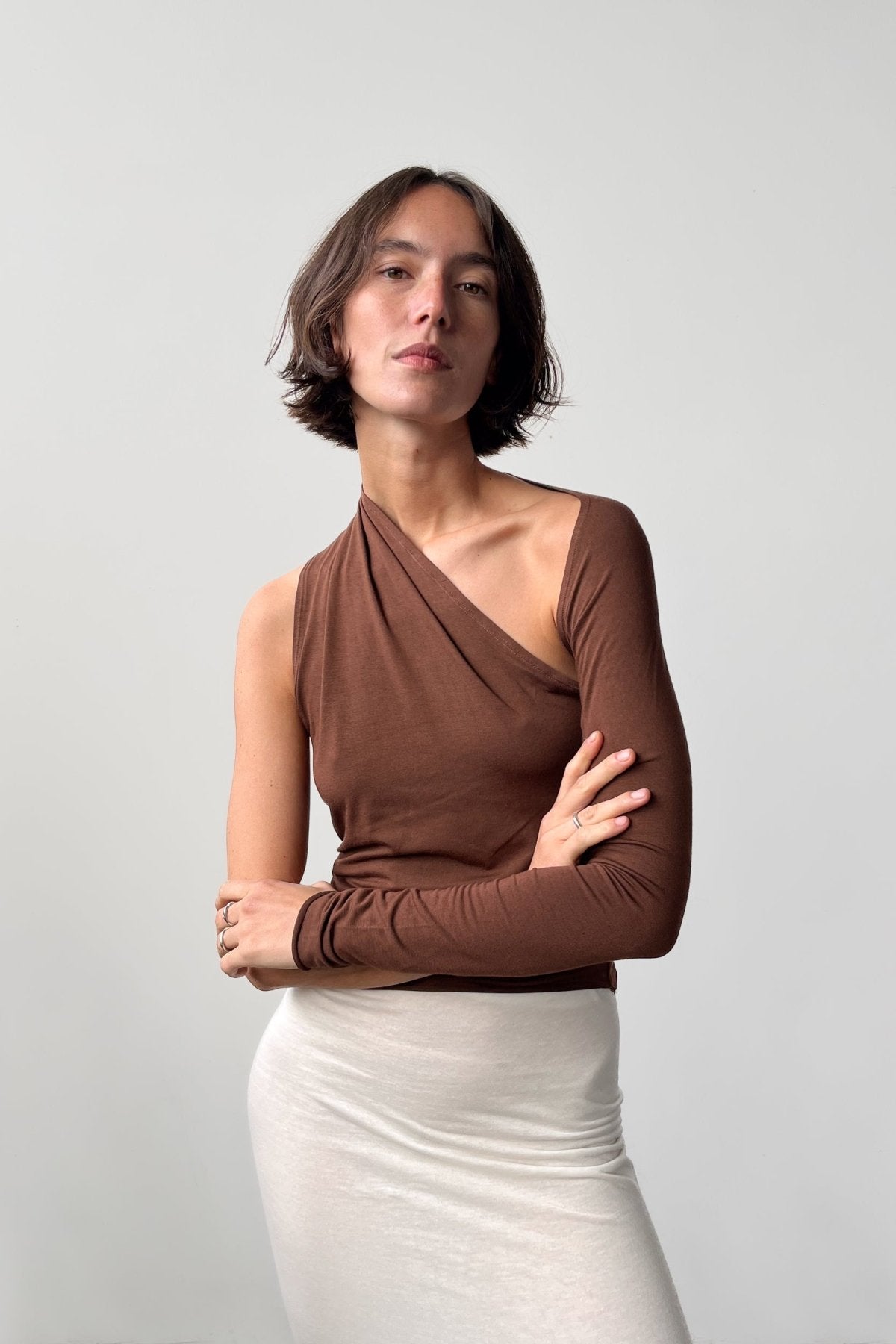 Asymmetric One Sleeve Top - Chestnut - STUDIO MATIS